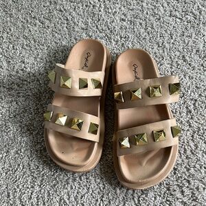 Qupid Tan and Gold Studded Sandals